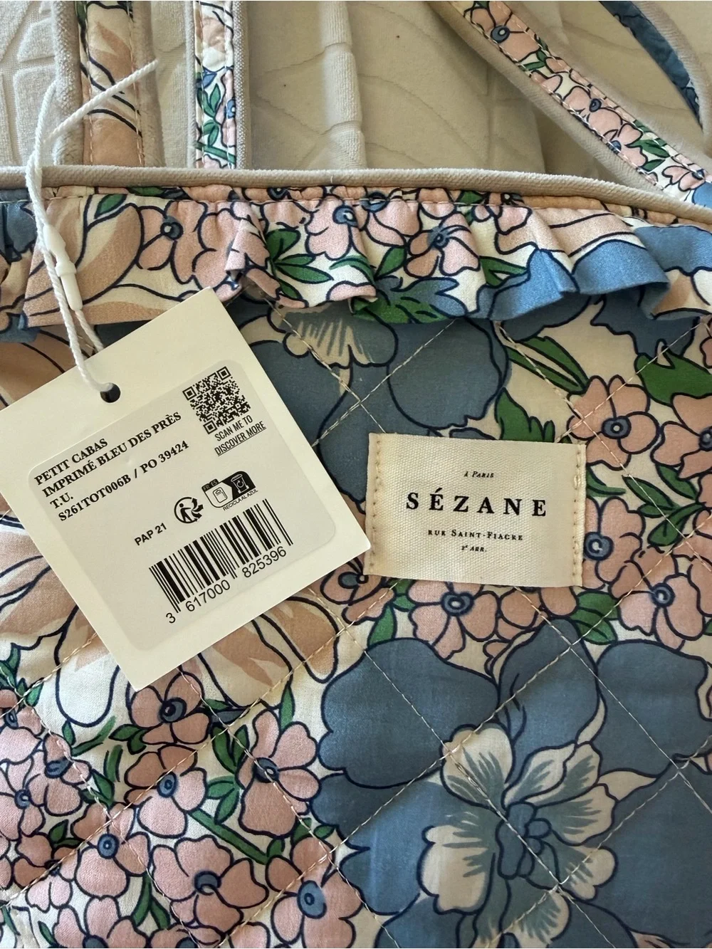 Sézane Floral Quilted Tote - Blue, Pink & Cream